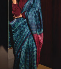 Indigo Handloom Tussar Silk Saree With Printed Geometric Motifs-TU2772