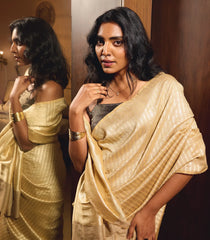 Taupe Woven Banarasi Khadi Georgette Silk Saree With Stripes-BE1623