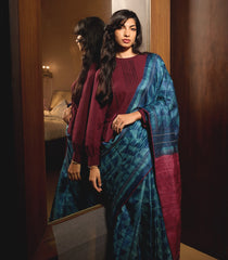 Indigo Handloom Tussar Silk Saree With Printed Geometric Motifs-TU2772