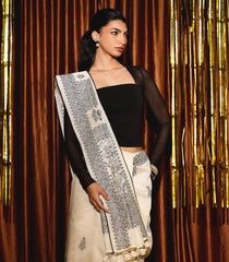 White Handloom Tussar Saree With Printed Floral Motifs-TU3041