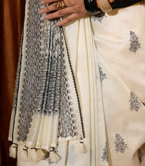 White Handloom Tussar Saree With Printed Floral Motifs-TU3041