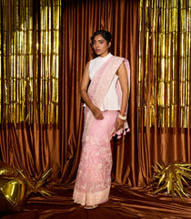 Baby Pink Woven Organza Saree With Embroidery Floral Motifs-EN1682