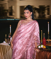 Dusty Pink Woven Organza Saree With Embroidered Floral Motifs-EN1861