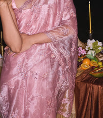 Dusty Pink Woven Organza Saree With Embroidered Floral Motifs-EN1861