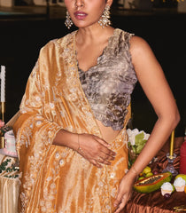 Gold Woven Blended Satin Saree With Hand Embroidered Floral Motifs-EN1858