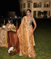 Gold Woven Blended Satin Saree With Hand Embroidered Floral Motifs-EN1858