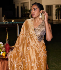 Gold Woven Blended Satin Saree With Hand Embroidered Floral Motifs-EN1858