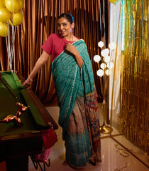 Cyan Handloom Bandhej Tussar Silk Saree With Tie & Dye Motifs -TU3031