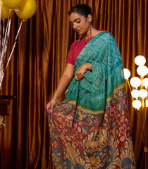 Cyan Handloom Bandhej Tussar Silk Saree With Tie & Dye Motifs -TU3031