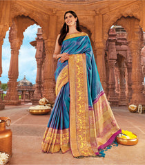 Cyan Handloom Silk Saree With Chevron Motifs & Kalamkaari Horse Motifs