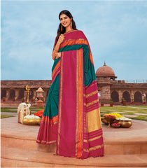 Viridian Handloom Korvai Silk Saree With Contrast Crimson Border