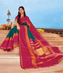 Viridian Handloom Korvai Silk Saree With Contrast Crimson Border