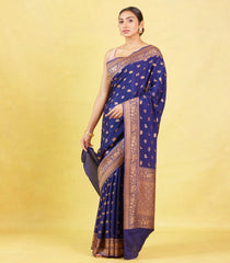 Navy Blue Banarasi Georgette Saree With Annam, Elephant Buttas