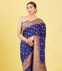 Navy Blue Banarasi Georgette Saree With Annam, Elephant Buttas