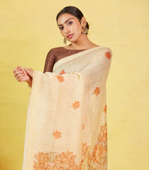 Sandal Handwoven Linen Saree With Printed Flower Motifs