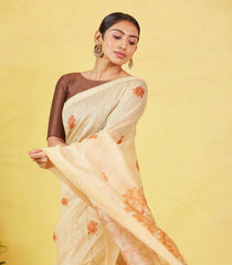 Sandal Handwoven Linen Saree With Printed Flower Motifs