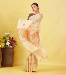 Sandal Handwoven Linen Saree With Printed Flower Motifs