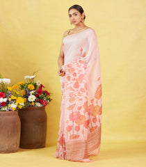 Baby Pink Handwoven Linen Saree Printed With Floral Motifs