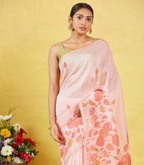 Baby Pink Handwoven Linen Saree Printed With Floral Motifs