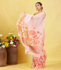 Baby Pink Handwoven Linen Saree Printed With Floral Motifs