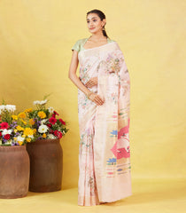 White Crepe Silk Saree Is Printed With Floral Motifs & Paithani Pallu