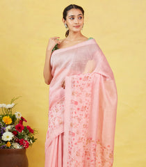 Dusty Pink Handwoven Linen Saree Printed With Floral Motifs In Border