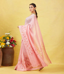 Dusty Pink Handwoven Linen Saree Printed With Floral Motifs In Border