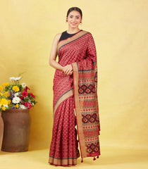 Crimson Handloom Tussar Silk Saree With Printed Dotted Motifs