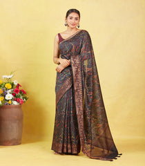 Black Handloom Tussar Silk Saree With Printed With Bird Motifs