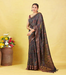 Black Handloom Tussar Silk Saree With Printed With Bird Motifs