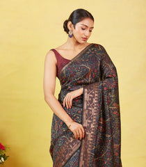 Black Handloom Tussar Silk Saree With Printed With Bird Motifs