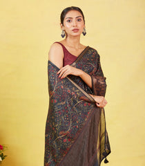 Black Handloom Tussar Silk Saree With Printed With Bird Motifs