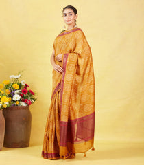 Mustard Handloom Tussar Silk Saree Printed With Floral Motifs