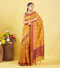 Mustard Handloom Tussar Silk Saree Printed With Floral Motifs