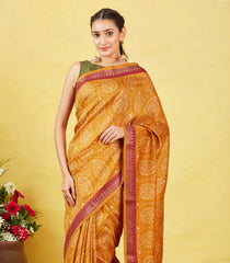 Mustard Handloom Tussar Silk Saree Printed With Floral Motifs