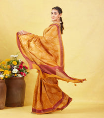 Mustard Handloom Tussar Silk Saree Printed With Floral Motifs