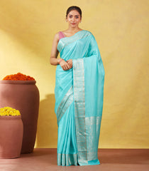 Turquoise Mysore Crepe Silk Saree With Dotted Motifs