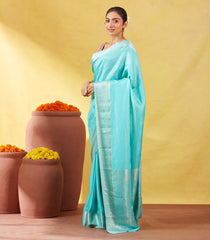 Turquoise Mysore Crepe Silk Saree With Dotted Motifs