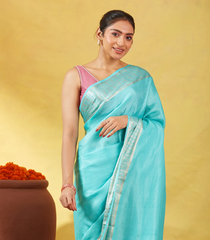 Turquoise Mysore Crepe Silk Saree With Dotted Motifs