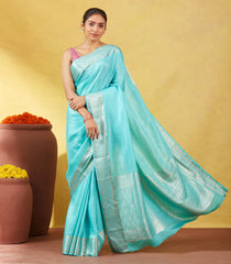 Turquoise Mysore Crepe Silk Saree With Dotted Motifs