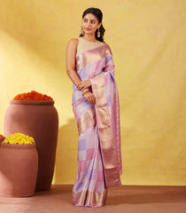 Lavender Mysore Crepe Silk Saree With Floral Buttas & Checks