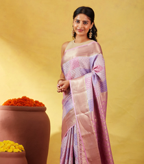 Lavender Mysore Crepe Silk Saree With Floral Buttas & Checks