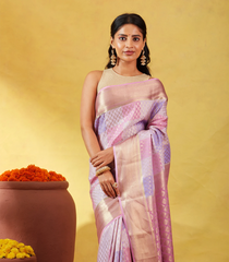 Lavender Mysore Crepe Silk Saree With Floral Buttas & Checks