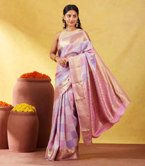 Lavender Mysore Crepe Silk Saree With Floral Buttas & Checks