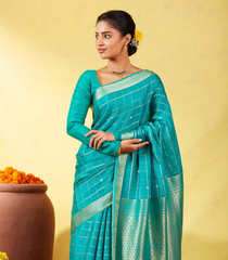 Cyan Crepe Silk Saree With Zari Checks