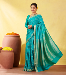 Cyan Crepe Silk Saree With Zari Checks