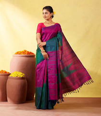 Teal Handloom Kanchipuram Rising Border Silk Saree