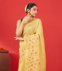 Gold Handwoven Linen Saree Printed With Floral Motifs