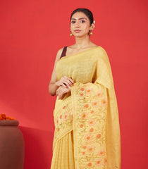 Gold Handwoven Linen Saree Printed With Floral Motifs