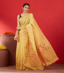 Gold Handwoven Linen Saree Printed With Floral Motifs